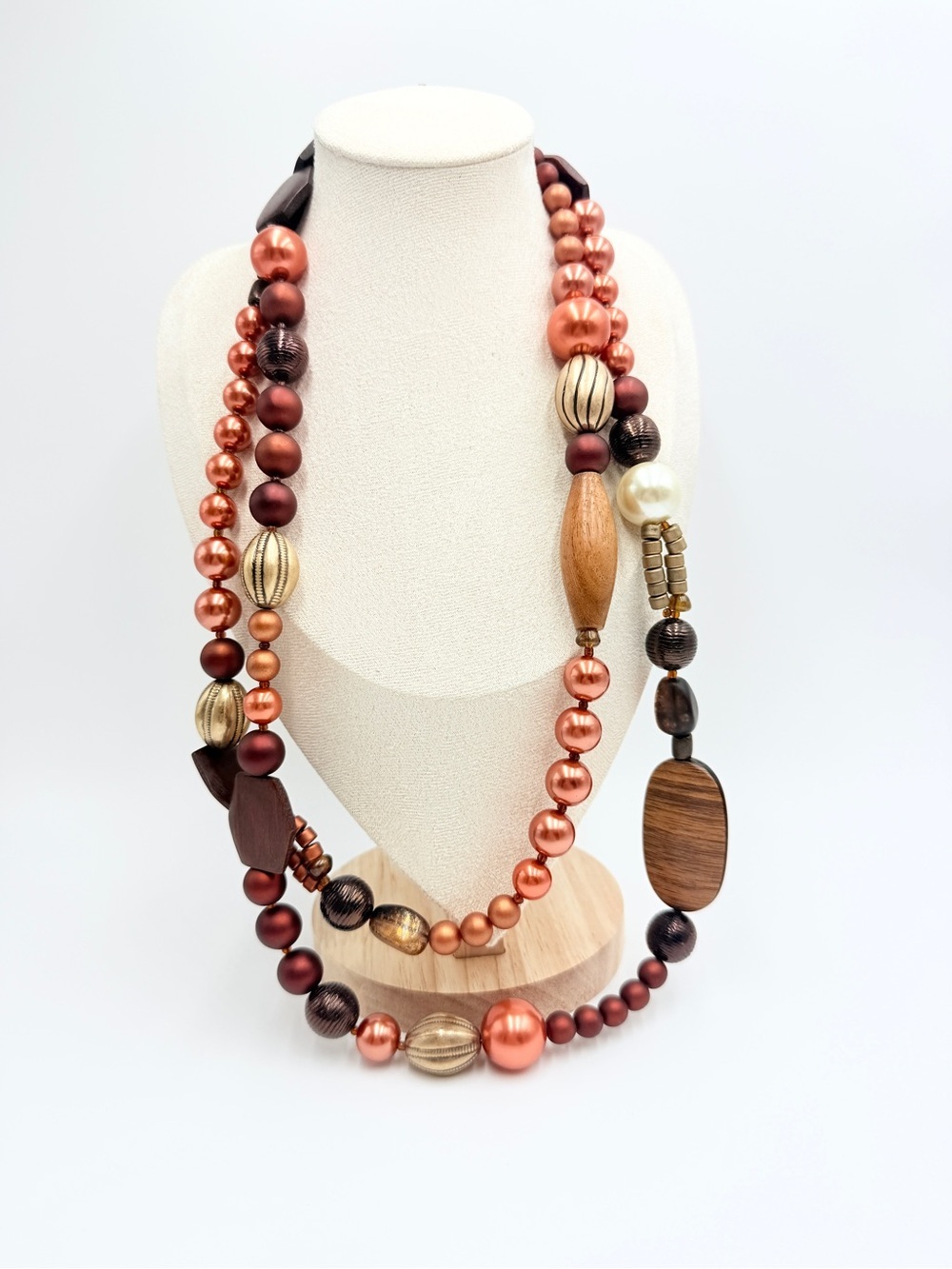 Boho Multi Strand Long Wooden Bead Statement Necklace in Copper Brown